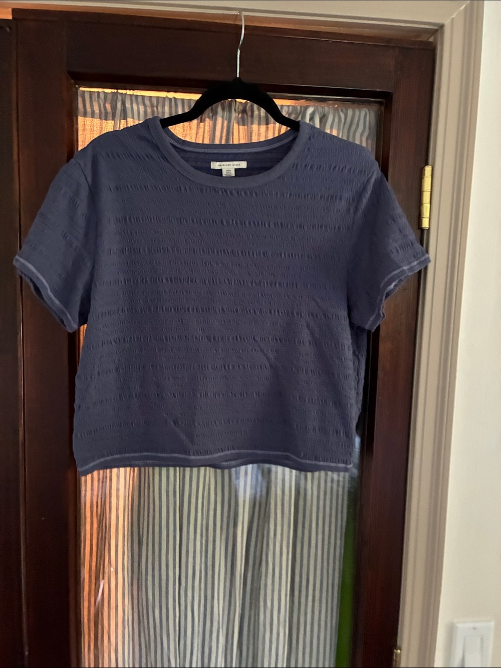 American Eagle Outfitters Navy Textured Short Sleeve Cropped Tee